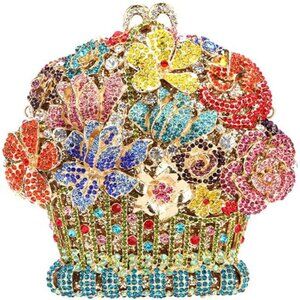 Women Sparkly Rhinestone Basket Clutch Purse Colored Faux Leather for Parties &